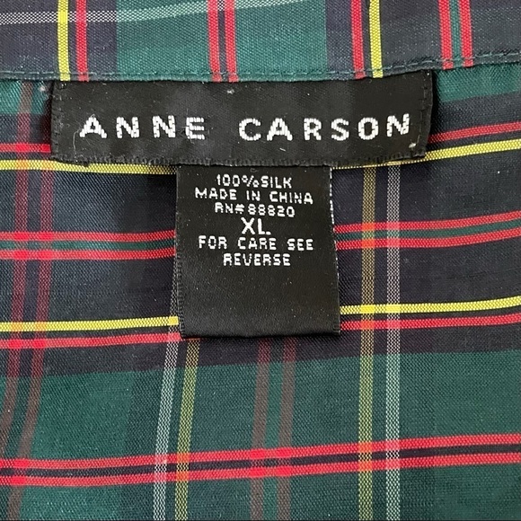 Vintage Anne Carson 100% Silk Wrap Top Holiday Green Red Gold Tartan Plaid - Picture 2 of 8